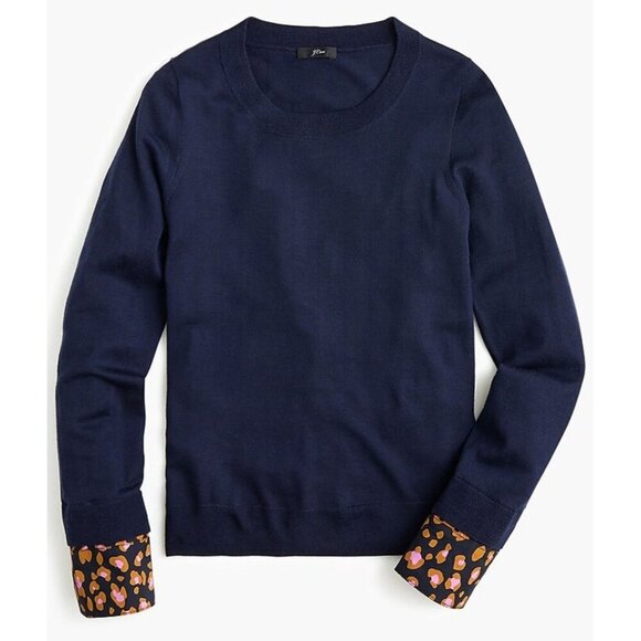 J.Crew Leopard Cuffs Tippi Wool Sweater In Navy Pink Mod Leopard Size Large - Picture 1 of 14
